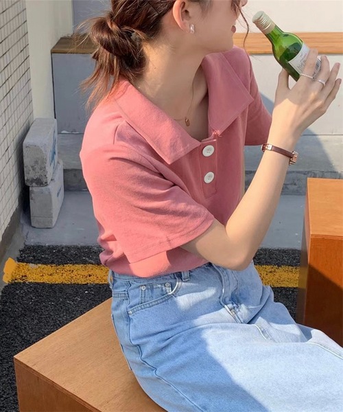 Chaco closet(チャコ クローゼット)の「ビックボタン半袖ポロシャツ(ポロシャツ・レディース・イエロー/ピンク/ホワイト/ブルー/グレー/ブラック・FREE)」の19枚目の写真