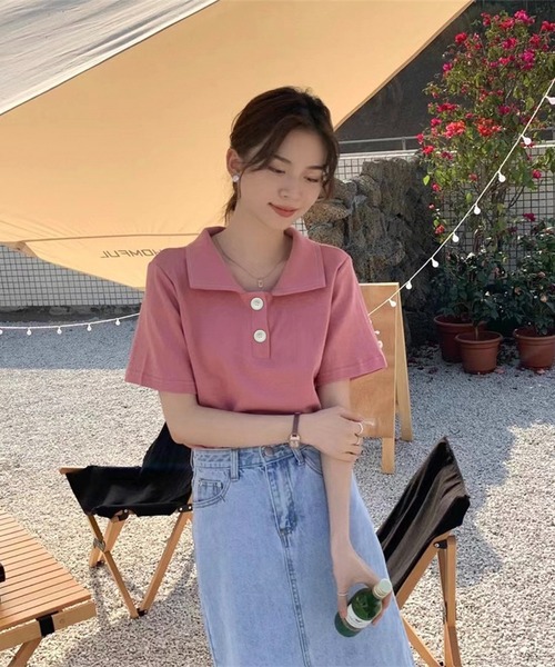 Chaco closet(チャコ クローゼット)の「ビックボタン半袖ポロシャツ(ポロシャツ・レディース・イエロー/ピンク/ホワイト/ブルー/グレー/ブラック・FREE)」の12枚目の写真