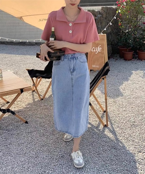 Chaco closet(チャコ クローゼット)の「ビックボタン半袖ポロシャツ(ポロシャツ・レディース・イエロー/ピンク/ホワイト/ブルー/グレー/ブラック・FREE)」の14枚目の写真