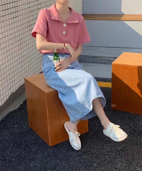 Chaco closet(チャコ クローゼット)の「ビックボタン半袖ポロシャツ(ポロシャツ・レディース・イエロー/ピンク/ホワイト/ブルー/グレー/ブラック・FREE)」の8枚目の写真