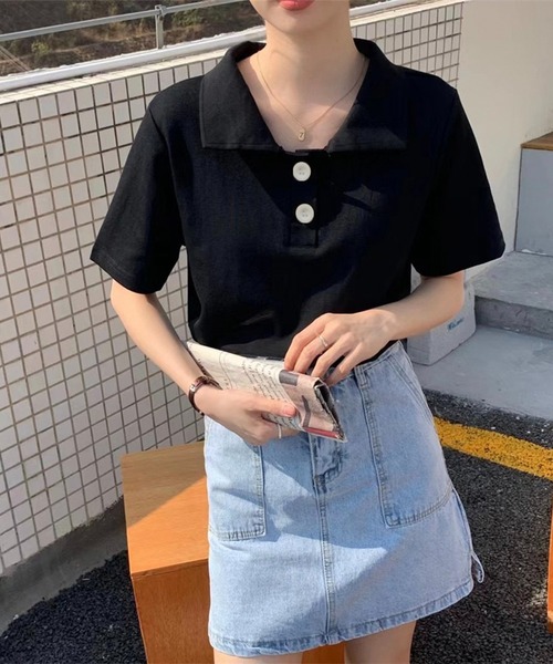 Chaco closet(チャコ クローゼット)の「ビックボタン半袖ポロシャツ(ポロシャツ・レディース・イエロー/ピンク/ホワイト/ブルー/グレー/ブラック・FREE)」の10枚目の写真