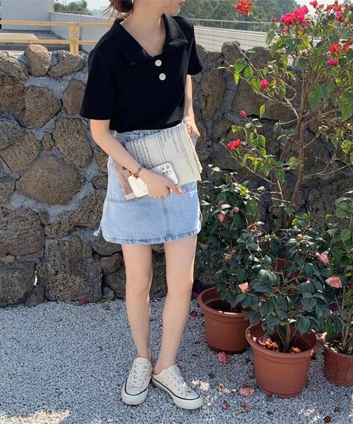 Chaco closet(チャコ クローゼット)の「ビックボタン半袖ポロシャツ(ポロシャツ・レディース・イエロー/ピンク/ホワイト/ブルー/グレー/ブラック・FREE)」の7枚目の写真