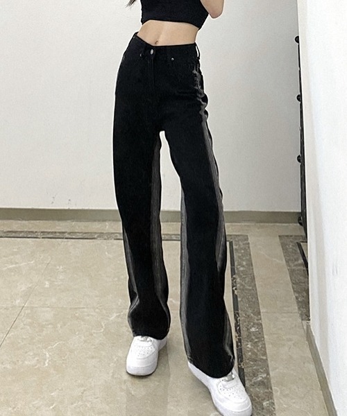 Vipoa（ヴィポア）の「サイドラインウオッシュ加工ストレートデニム（デニムパンツ・レディース・ブラック・MEDIUM/LARGE）」の5枚目の写真