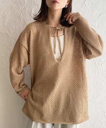 She's Closet（シーズクローゼット）の「メッシュ透かし編みニットシアーロング丈深Vネックチュニックプルオーバー（ニット/セーター・レディース）」