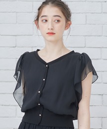 12Twelve Agenda | Vネックインナー付フリルスリーブショート丈プルオーバー(Tシャツ/カットソー)
