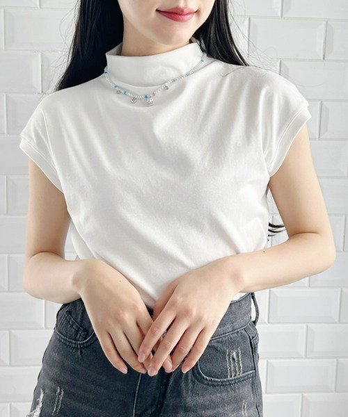 Loueme(ルエム)の「プチハイネックフレンチスリーブトップス(Tシャツ/カットソー・レディース・ピンク/ホワイト/ブラック・FREE)」の2枚目の写真