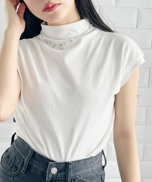 Loueme(ルエム)の「プチハイネックフレンチスリーブトップス(Tシャツ/カットソー・レディース・ピンク/ホワイト/ブラック・FREE)」の4枚目の写真