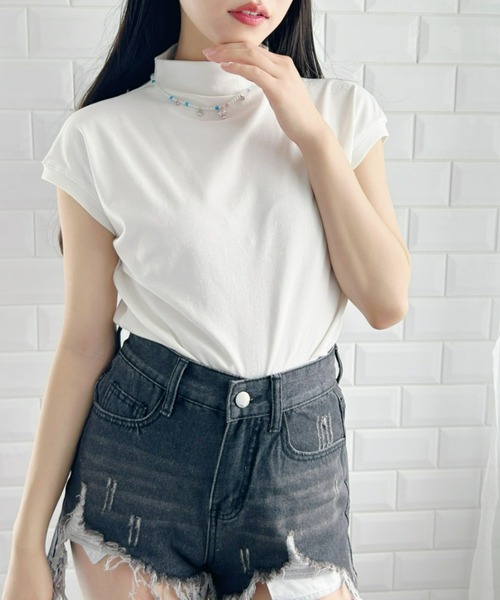 Loueme(ルエム)の「プチハイネックフレンチスリーブトップス(Tシャツ/カットソー・レディース・ピンク/ホワイト/ブラック・FREE)」の5枚目の写真