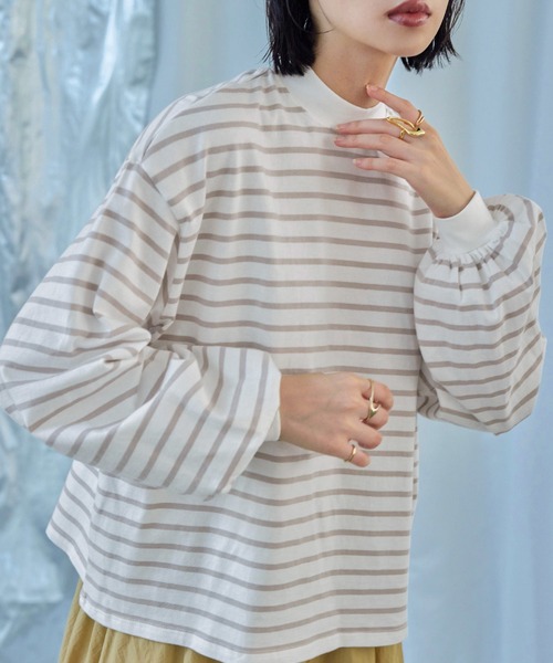 Fashion Letter(ファッションレター)の「モックネック ボリュームスリーブ ボーダーロンT(Tシャツ/カットソー・レディース・ピンク/ベージュ/ブラック/ブルー/グリーン/レッド・M)」の3枚目の写真
