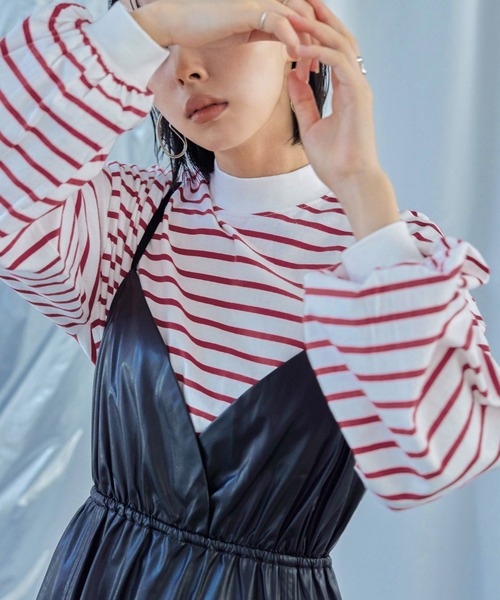 Fashion Letter(ファッションレター)の「モックネック ボリュームスリーブ ボーダーロンT(Tシャツ/カットソー・レディース・ピンク/ベージュ/ブラック/ブルー/グリーン/レッド・M)」の6枚目の写真