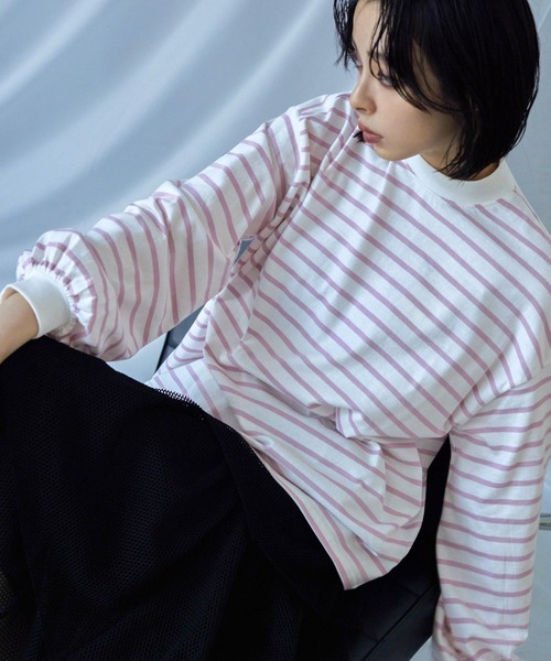 Fashion Letter(ファッションレター)の「モックネック ボリュームスリーブ ボーダーロンT(Tシャツ/カットソー・レディース・ピンク/ベージュ/ブラック/ブルー/グリーン/レッド・M)」の5枚目の写真
