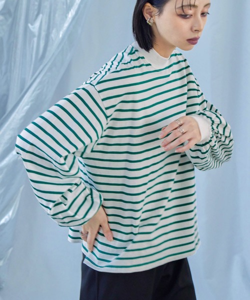 Fashion Letter(ファッションレター)の「モックネック ボリュームスリーブ ボーダーロンT(Tシャツ/カットソー・レディース・ピンク/ベージュ/ブラック/ブルー/グリーン/レッド・M)」の1枚目の写真