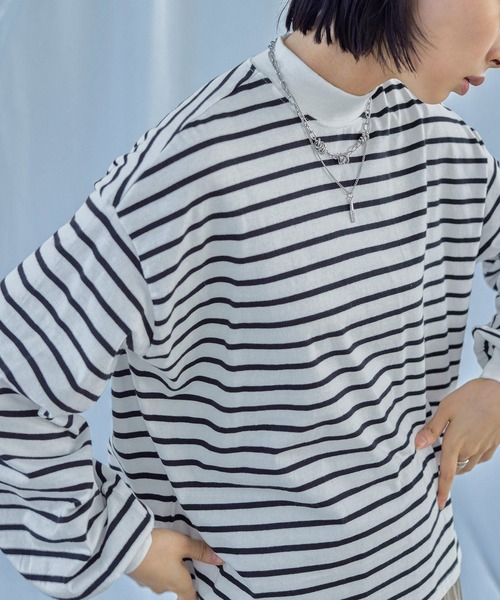 Fashion Letter(ファッションレター)の「モックネック ボリュームスリーブ ボーダーロンT(Tシャツ/カットソー・レディース・ピンク/ベージュ/ブラック/ブルー/グリーン/レッド・M)」の2枚目の写真