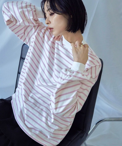 Fashion Letter(ファッションレター)の「モックネック ボリュームスリーブ ボーダーロンT(Tシャツ/カットソー・レディース・ピンク/ベージュ/ブラック/ブルー/グリーン/レッド・M)」の7枚目の写真