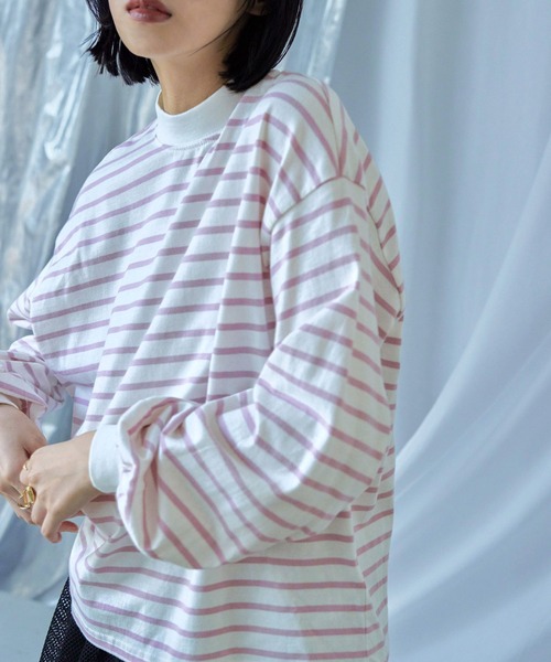 Fashion Letter(ファッションレター)の「モックネック ボリュームスリーブ ボーダーロンT(Tシャツ/カットソー・レディース・ピンク/ベージュ/ブラック/ブルー/グリーン/レッド・M)」の8枚目の写真