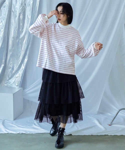Fashion Letter(ファッションレター)の「モックネック ボリュームスリーブ ボーダーロンT(Tシャツ/カットソー・レディース・ピンク/ベージュ/ブラック/ブルー/グリーン/レッド・M)」の9枚目の写真