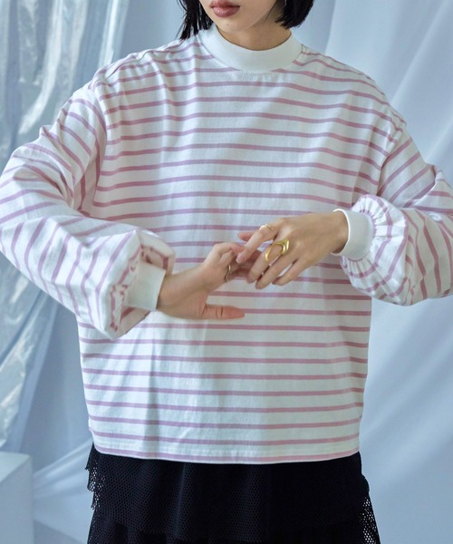 Fashion Letter(ファッションレター)の「モックネック ボリュームスリーブ ボーダーロンT(Tシャツ/カットソー・レディース・ピンク/ベージュ/ブラック/ブルー/グリーン/レッド・M)」の10枚目の写真