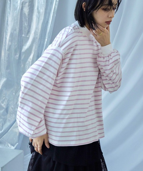 Fashion Letter(ファッションレター)の「モックネック ボリュームスリーブ ボーダーロンT(Tシャツ/カットソー・レディース・ピンク/ベージュ/ブラック/ブルー/グリーン/レッド・M)」の11枚目の写真