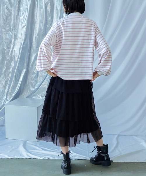 Fashion Letter(ファッションレター)の「モックネック ボリュームスリーブ ボーダーロンT(Tシャツ/カットソー・レディース・ピンク/ベージュ/ブラック/ブルー/グリーン/レッド・M)」の12枚目の写真