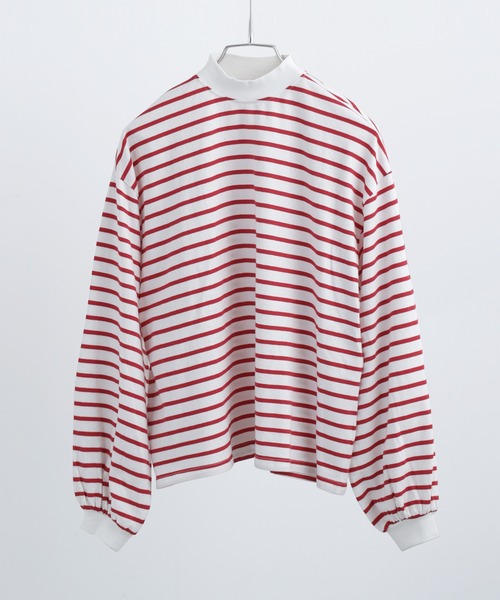 Fashion Letter(ファッションレター)の「モックネック ボリュームスリーブ ボーダーロンT(Tシャツ/カットソー・レディース・ピンク/ベージュ/ブラック/ブルー/グリーン/レッド・M)」の16枚目の写真