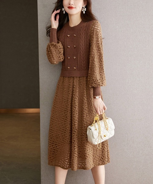 Miniministore(ミニミニストア)の「ニットワンピース ランタンスリーブ 上品(ワンピース・レディース・ブラウン/ベージュ/ブラック・フリー)」の9枚目の写真