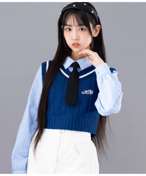 ANAP GiRL(アナップガール)の「AGワッペン付ライン入りニットベスト(ベスト・キッズ・ネイビー/オフホワイト・XS/S/M)」の1枚目の写真