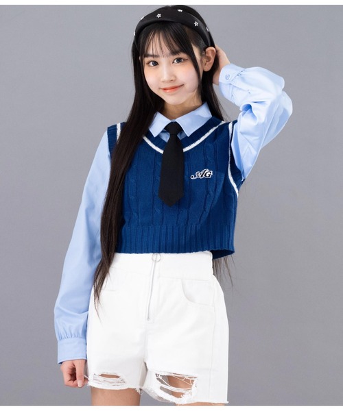 ANAP GiRL(アナップガール)の「AGワッペン付ライン入りニットベスト(ベスト・キッズ・ネイビー/オフホワイト・XS/S/M)」の8枚目の写真
