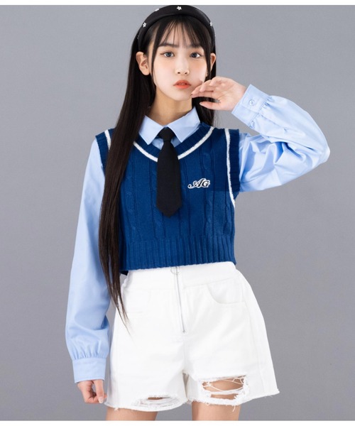 ANAP GiRL(アナップガール)の「AGワッペン付ライン入りニットベスト(ベスト・キッズ・ネイビー/オフホワイト・XS/S/M)」の9枚目の写真