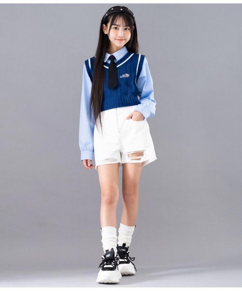 ANAP GiRL(アナップガール)の「AGワッペン付ライン入りニットベスト(ベスト・キッズ・ネイビー/オフホワイト・XS/S/M)」の12枚目の写真