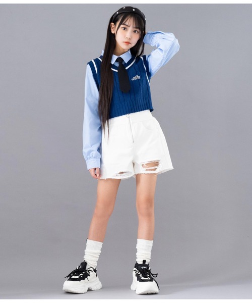 ANAP GiRL(アナップガール)の「AGワッペン付ライン入りニットベスト(ベスト・キッズ・ネイビー/オフホワイト・XS/S/M)」の13枚目の写真