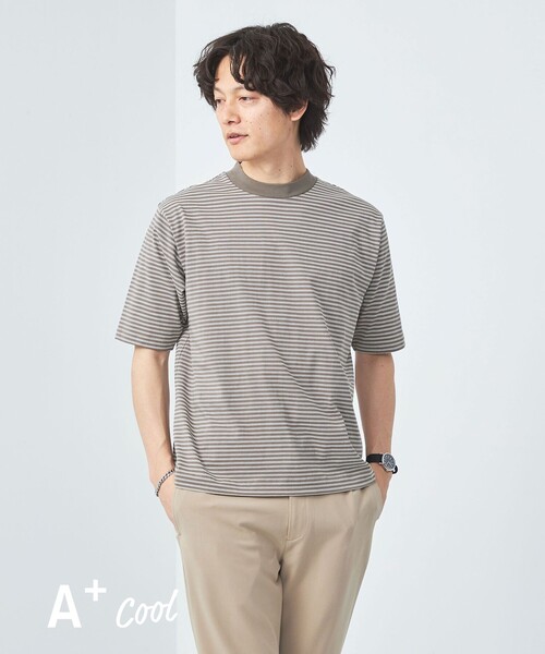 green label relaxing(グリーンレーベルリラクシング)の「A+ COOL ボーダー ビズ クルーネック Tシャツ -接触冷感・吸水速乾-(Tシャツ/カットソー・メンズ・ネイビー/モカ・XL/M/L/S)」の1枚目の写真
