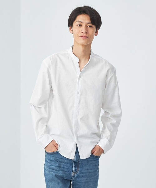 green label relaxing（グリーンレーベルリラクシング）の「【WEB限定】JUSTFIT コットン麻 比翼 バンドカラー シャツ（シャツ/ブラウス・メンズ・ホワイト/ネイビー/モカ・S/M/L/XL）」の6枚目の写真