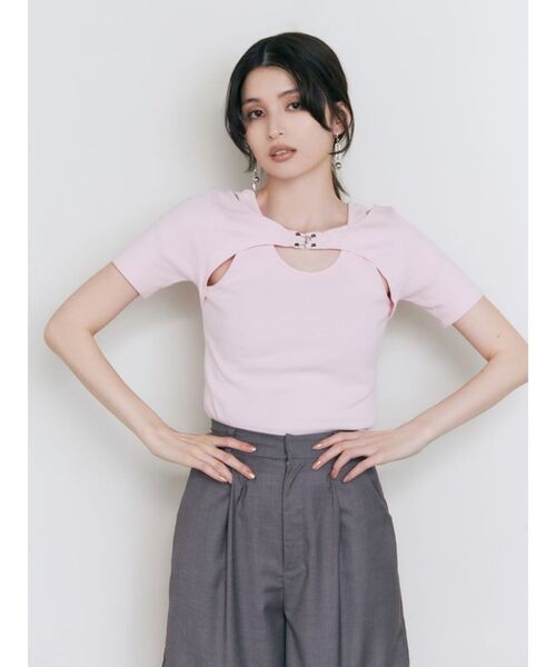 MURUA（ムルーア）の「フロントホックレイヤードテレコトップス（Tシャツ/カットソー・レディース・グレー/ピンク/ホワイト/ブラック・FREE）」の7枚目の写真
