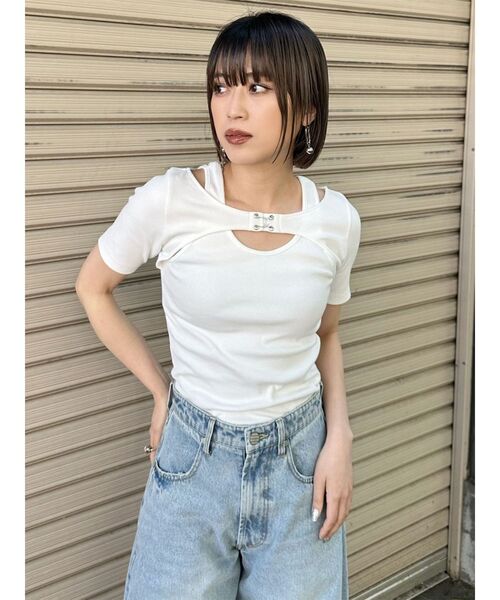 MURUA（ムルーア）の「フロントホックレイヤードテレコトップス（Tシャツ/カットソー・レディース・グレー/ピンク/ホワイト/ブラック・FREE）」の12枚目の写真