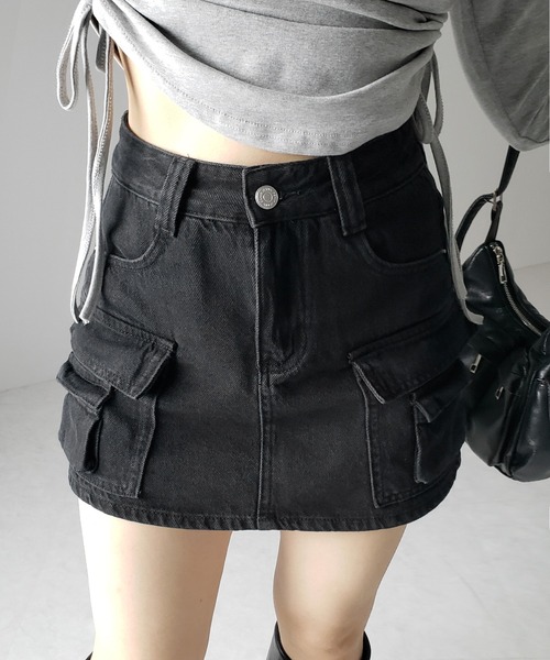 【 ３size ／ ２color 】ダブルポケットヴィンテージカーゴデニムミニスカパン ／ double pocket vintage cargo denim mini skirt pants（デニムスカート）｜me+em select（ミームセレクト）