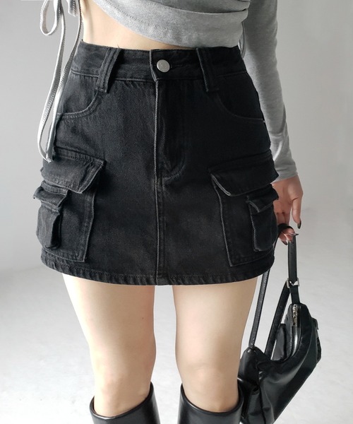 me+em select（ミームセレクト）の「【 ３size ／ ２color 】ダブルポケットヴィンテージカーゴデニムミニスカパン ／ double pocket vintage cargo denim  mini skirt pants（デニムスカート・レディース・ブルー/ブラック・LARGE/MEDIUM/SMALL）」の6枚目の写真