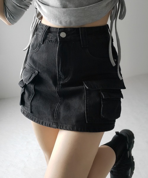 me+em select（ミームセレクト）の「【 ３size ／ ２color 】ダブルポケットヴィンテージカーゴデニムミニスカパン ／ double pocket vintage cargo denim  mini skirt pants（デニムスカート・レディース・ブルー/ブラック・LARGE/MEDIUM/SMALL）」の7枚目の写真