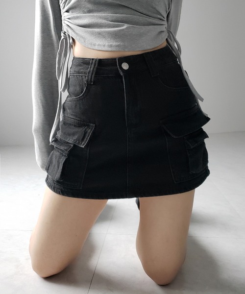 me+em select（ミームセレクト）の「【 ３size ／ ２color 】ダブルポケットヴィンテージカーゴデニムミニスカパン ／ double pocket vintage cargo denim  mini skirt pants（デニムスカート・レディース・ブルー/ブラック・LARGE/MEDIUM/SMALL）」の9枚目の写真