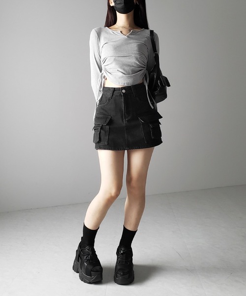 me+em select（ミームセレクト）の「【 ３size ／ ２color 】ダブルポケットヴィンテージカーゴデニムミニスカパン ／ double pocket vintage cargo denim  mini skirt pants（デニムスカート・レディース・ブルー/ブラック・LARGE/MEDIUM/SMALL）」の13枚目の写真