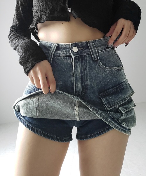 me+em select（ミームセレクト）の「【 ３size ／ ２color 】ダブルポケットヴィンテージカーゴデニムミニスカパン ／ double pocket vintage cargo denim  mini skirt pants（デニムスカート・レディース・ブルー/ブラック・LARGE/MEDIUM/SMALL）」の22枚目の写真