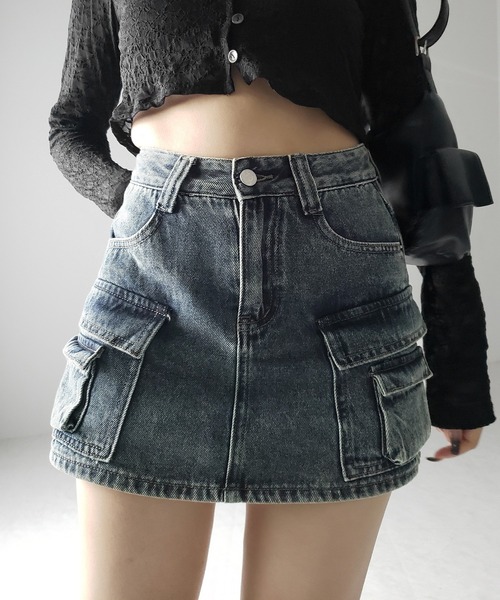me+em select（ミームセレクト）の「【 ３size ／ ２color 】ダブルポケットヴィンテージカーゴデニムミニスカパン ／ double pocket vintage cargo denim  mini skirt pants（デニムスカート・レディース・ブルー/ブラック・LARGE/MEDIUM/SMALL）」の19枚目の写真