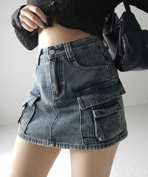 me+em select（ミームセレクト）の「【 ３size ／ ２color 】ダブルポケットヴィンテージカーゴデニムミニスカパン ／ double pocket vintage cargo denim  mini skirt pants（デニムスカート・レディース・ブルー/ブラック・LARGE/MEDIUM/SMALL）」の21枚目の写真