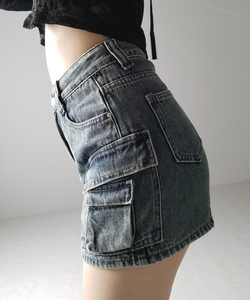 me+em select（ミームセレクト）の「【 ３size ／ ２color 】ダブルポケットヴィンテージカーゴデニムミニスカパン ／ double pocket vintage cargo denim  mini skirt pants（デニムスカート・レディース・ブルー/ブラック・LARGE/MEDIUM/SMALL）」の18枚目の写真