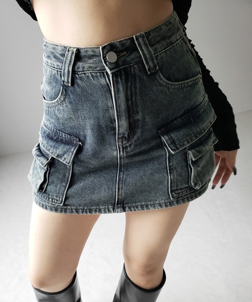 me+em select（ミームセレクト）の「【 ３size ／ ２color 】ダブルポケットヴィンテージカーゴデニムミニスカパン ／ double pocket vintage cargo denim  mini skirt pants（デニムスカート・レディース・ブルー/ブラック・LARGE/MEDIUM/SMALL）」の15枚目の写真