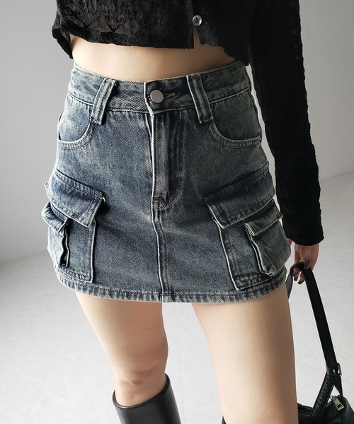 me+em select（ミームセレクト）の「【 ３size ／ ２color 】ダブルポケットヴィンテージカーゴデニムミニスカパン ／ double pocket vintage cargo denim  mini skirt pants（デニムスカート・レディース・ブルー/ブラック・LARGE/MEDIUM/SMALL）」の16枚目の写真
