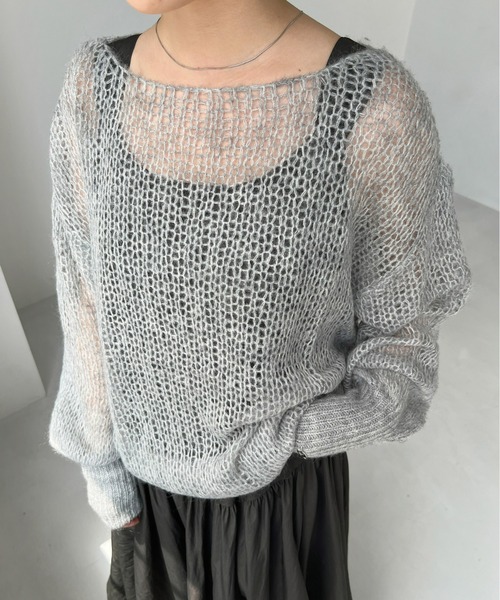 美品　バトナー　モヘア ニット セーター　ボリュームスリーブ　ブルー×ブラック モヘヤ 混 ボリューム スリーブ シアー ニット