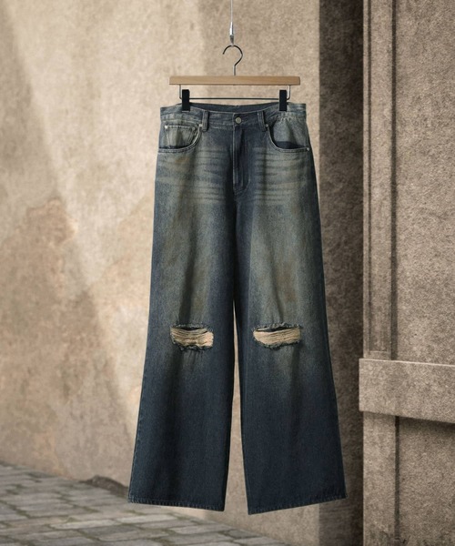 ヴィンテージ加工オーバーダイダメージセミワイドバギーデニムパンツ