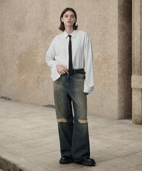 ヴィンテージ加工オーバーダイダメージセミワイドバギーデニムパンツ