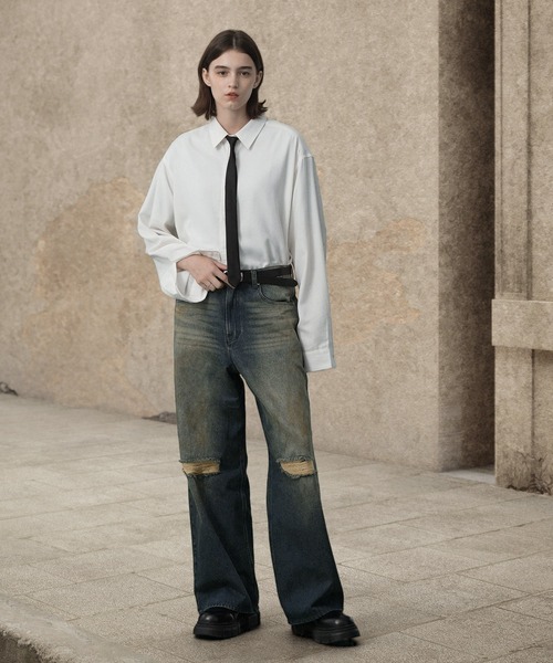 ヴィンテージ加工オーバーダイダメージセミワイドバギーデニムパンツ