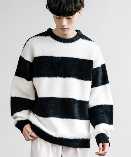 フェザーヤーン オーバーサイズボーダークルーネックニット（ニット
